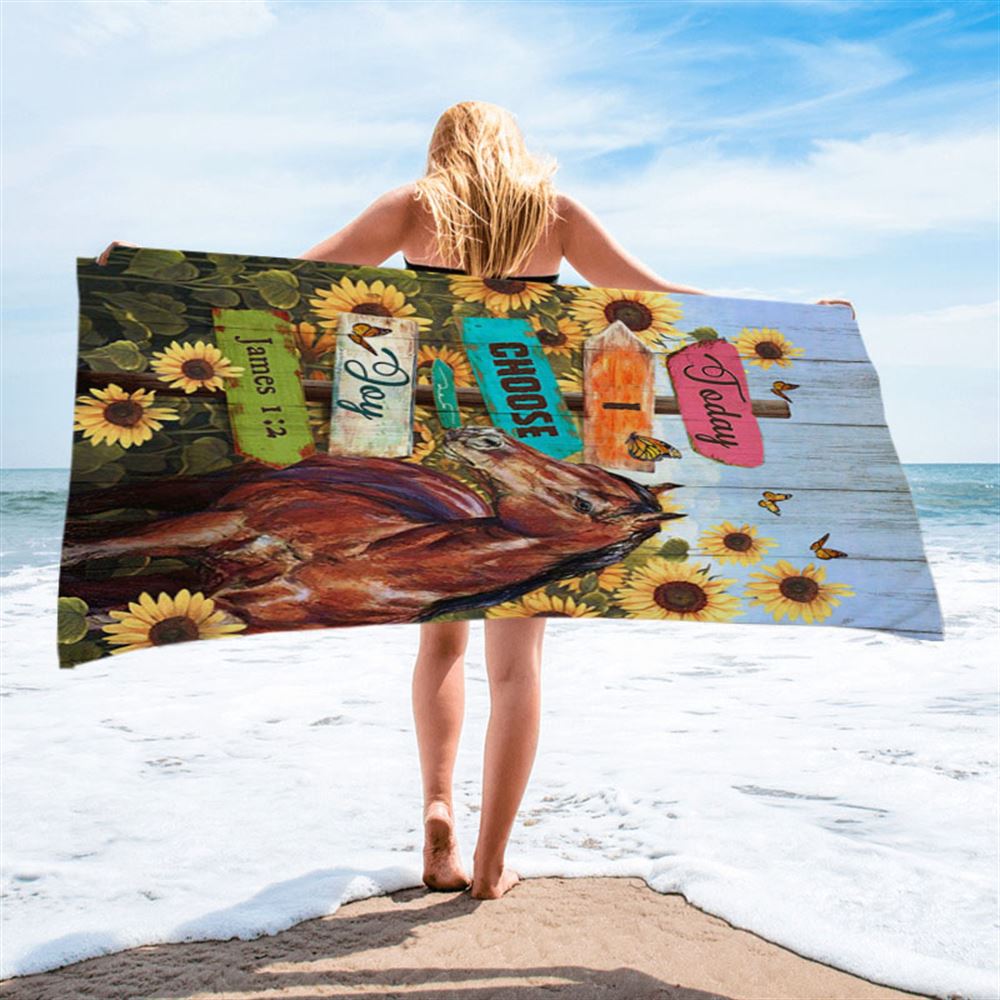 Today I Choose Joy Horse Sunflower Field Monarch Butterfly Beach Towel - Christian Beach Towel - Bible Verse Beach Towel