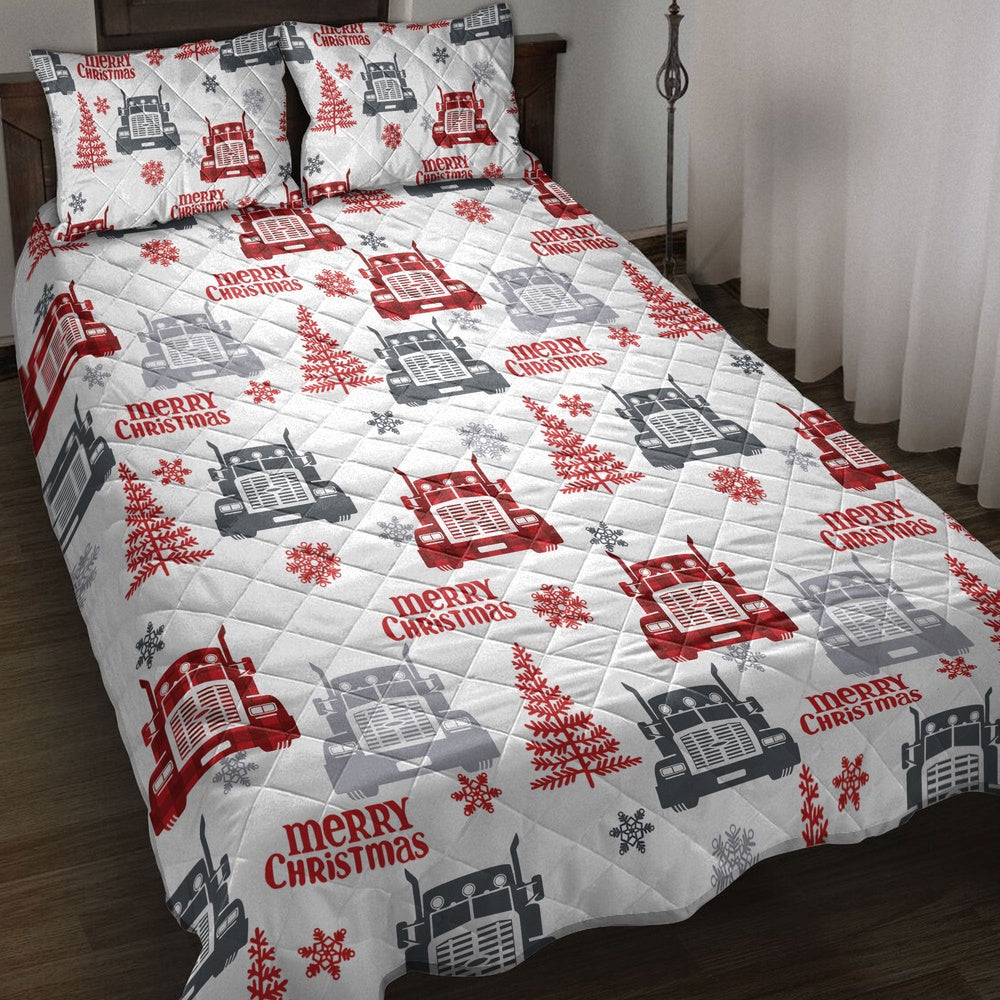 Trucker Quilt Set, Red Truckmas Tree Snowflakes Love Trucker Truck Driver Quilt Blanket