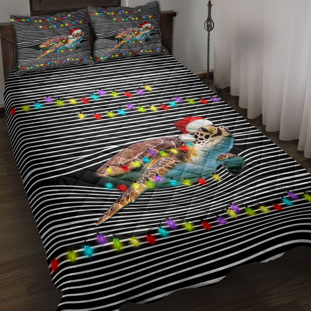 Turtle Quilt Set, Funny Turtle Withmas Hat String Light Xmas Winter Holiday Quilt Blanket