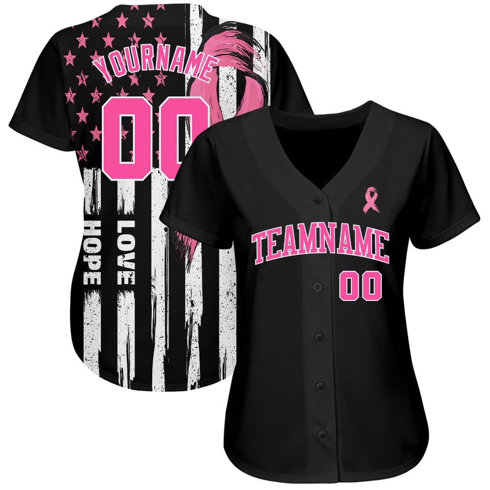 USA Baseball Jersey, Custom 3D American Flag With Pink Ribbon Breast Cancer Awareness Month Women Health Care Support Authentic Baseball Jersey