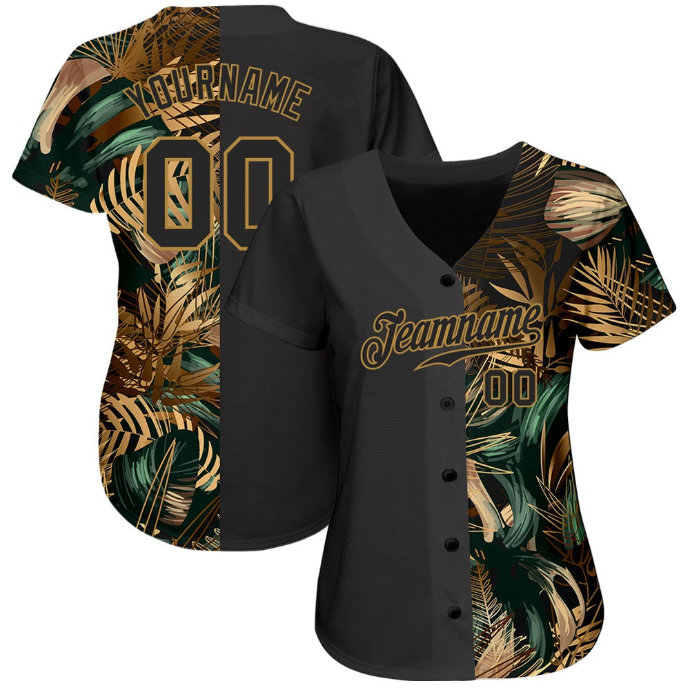 USA Baseball Jersey, Custom 3D Pattern Design Golden And Green Tropical Leaves In The Style Of Jungle And Hawaii Authentic Baseball Jersey