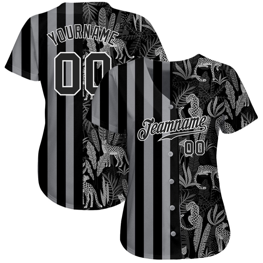 USA Baseball Jersey, Custom Black Black Gray 3D Pattern Design Leopards And Tropical Palm Leaves Authentic Baseball Jersey, Team Jerseys Baseball