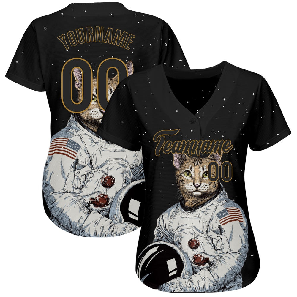 USA Baseball Jersey, Custom Black Black Old Gold 3D Pattern Design Astronaut Authentic Baseball Jersey, Team Jerseys Baseball