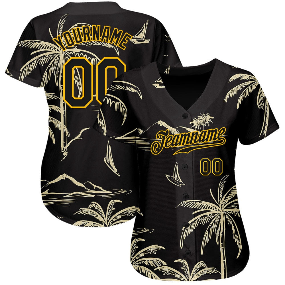 USA Baseball Jersey, Custom Black Gold 3D Pattern Design Hawaii Palm Trees Island And Sailboat Authentic Baseball Jersey, Team Jerseys Baseball