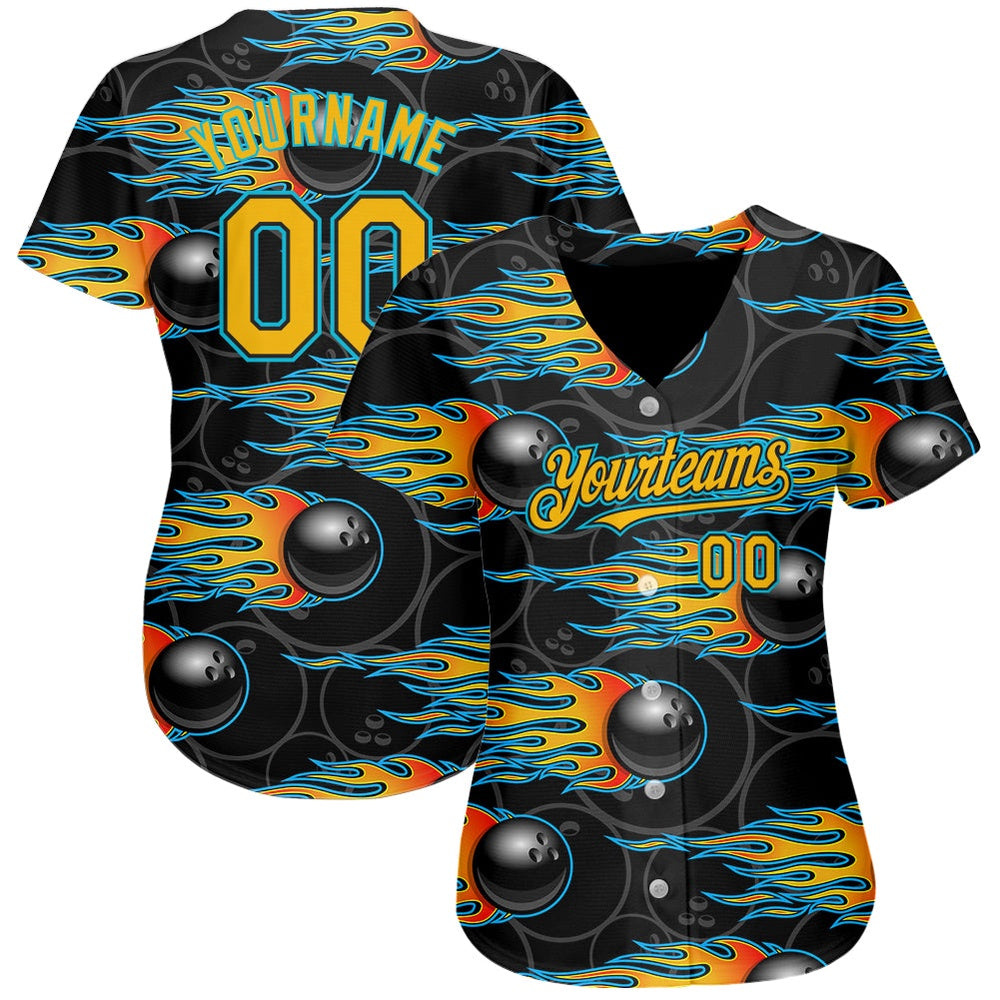 USA Baseball Jersey, Custom Black Gold Lakes Blue 3D Pattern Design Bowling Ball With Hotrod Flame Authentic Baseball Jersey