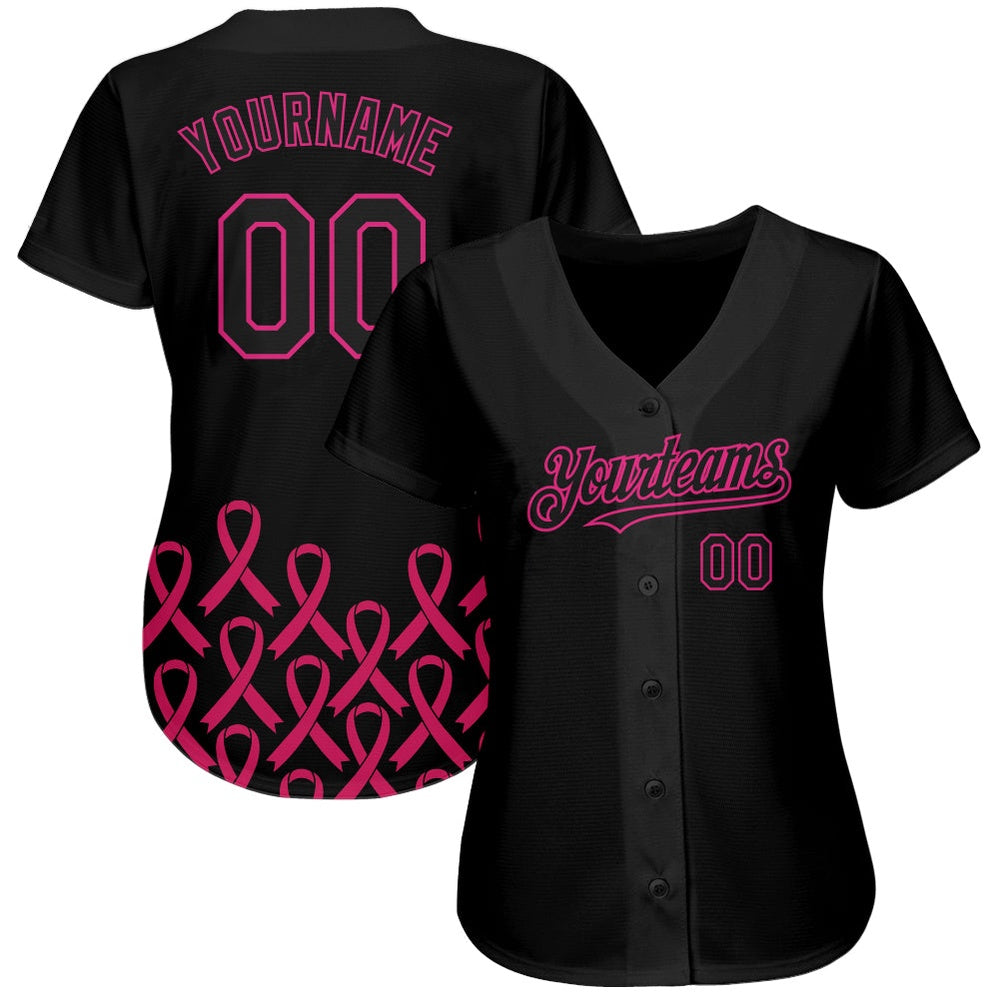 USA Baseball Jersey, Custom Black Hot Pink 3D Pink Ribbon Breast Cancer Awareness Month Women Health Care Support Authentic Baseball Jersey