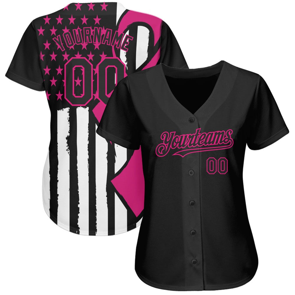 USA Baseball Jersey, Custom Black Hot Pink White 3D Pink Ribbon Breast Cancer Awareness Month Women Health Care Support Authentic Baseball Jersey