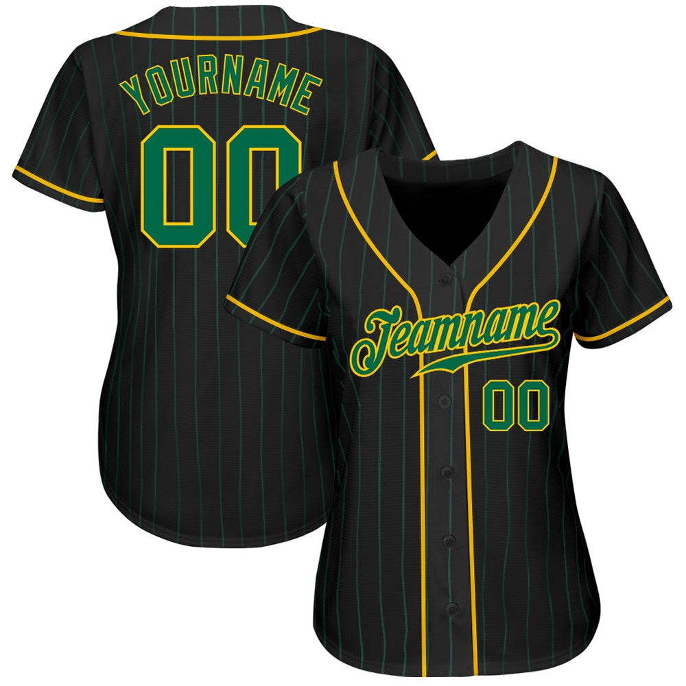 USA Baseball Jersey, Custom Black Kelly Green Pinstripe Kelly Green Gold Authentic Baseball Jersey, Team Jerseys Baseball