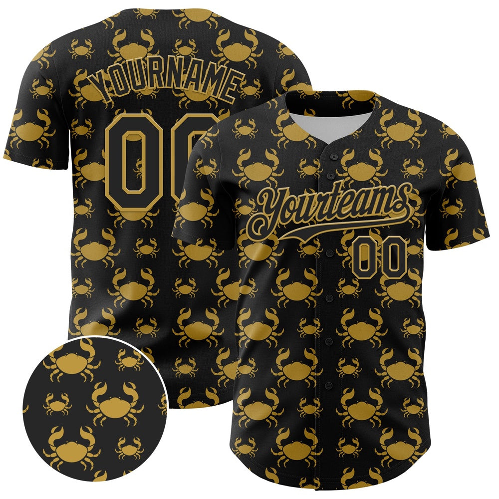 USA Baseball Jersey, Custom Black Old Gold 3D Pattern Design Animal Crab Fruit Lemon Authentic Baseball Jersey, Team Jerseys Baseball