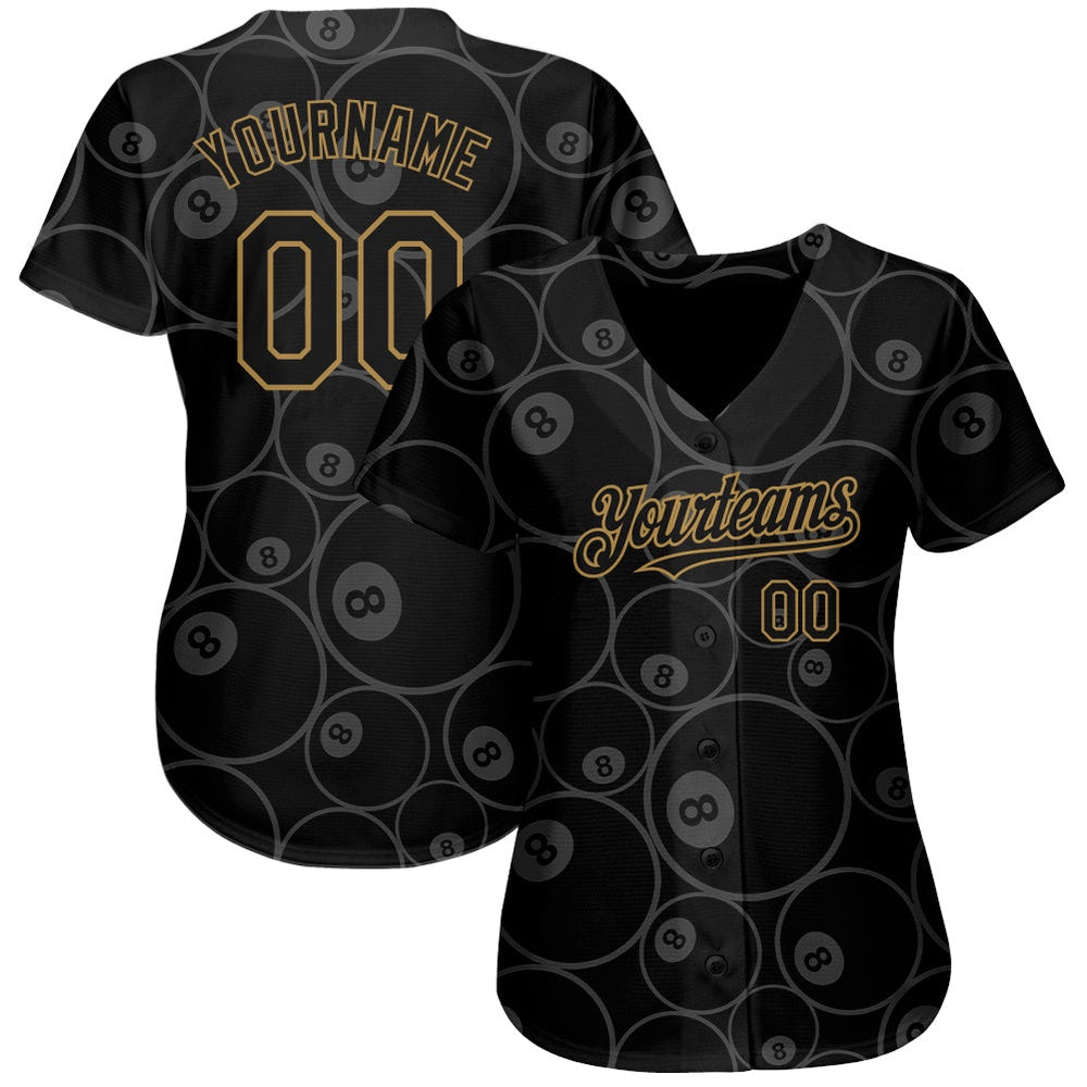 USA Baseball Jersey, Custom Black Old Gold 3D Pattern Design Billiards Snooker 8 Ball Authentic Baseball Jersey, Team Jerseys Baseball
