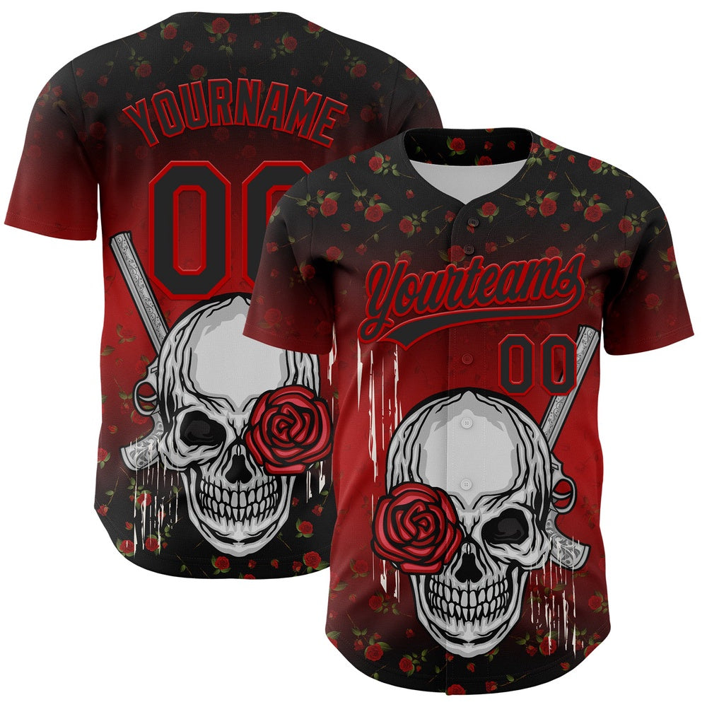 USA Baseball Jersey, Custom Black Red 3D Pattern Design Gothic Style Skull With Rose And Gun Authentic Baseball Jersey, Team Jerseys Baseball