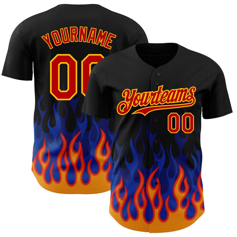 USA Baseball Jersey, Custom Black Red Gold 3D Pattern Design Flame Authentic Baseball Jersey, Team Jerseys Baseball