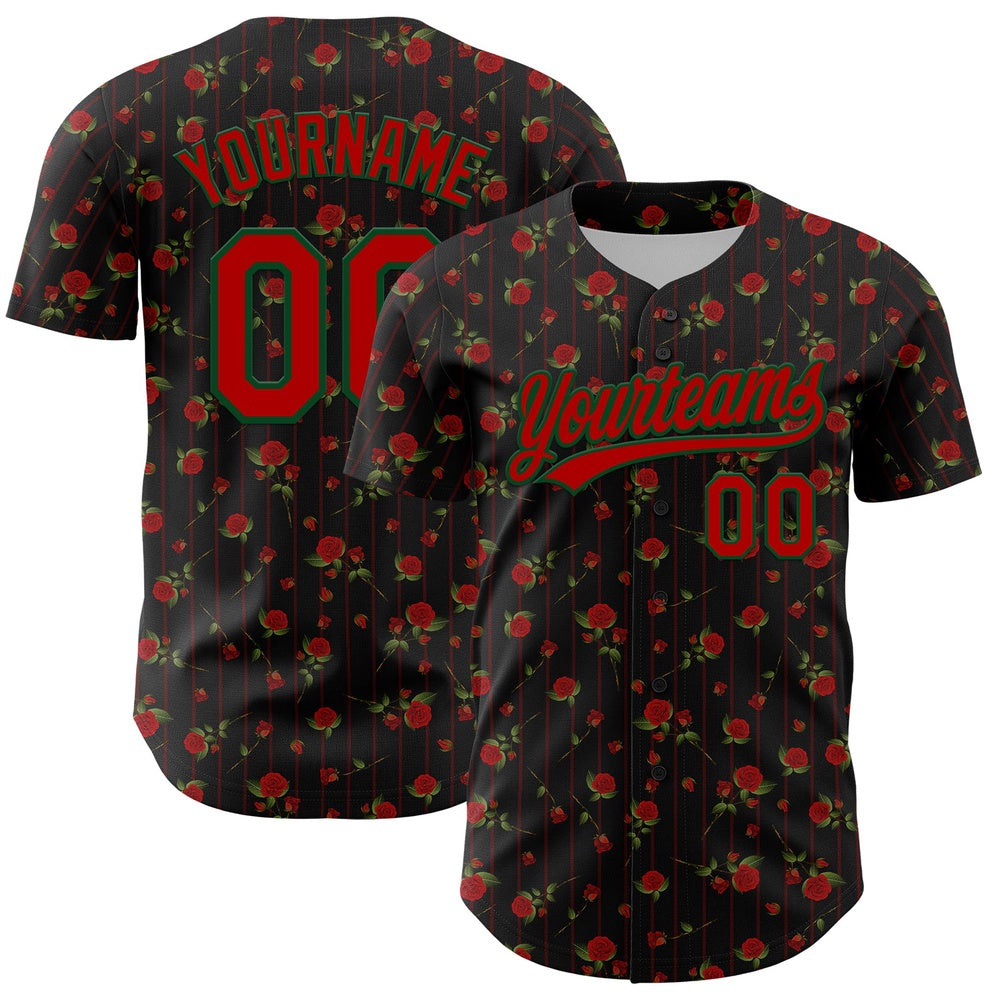 USA Baseball Jersey, Custom Black Red Green 3D Pattern Design Gothic Style Rose Authentic Baseball Jersey, Team Jerseys Baseball