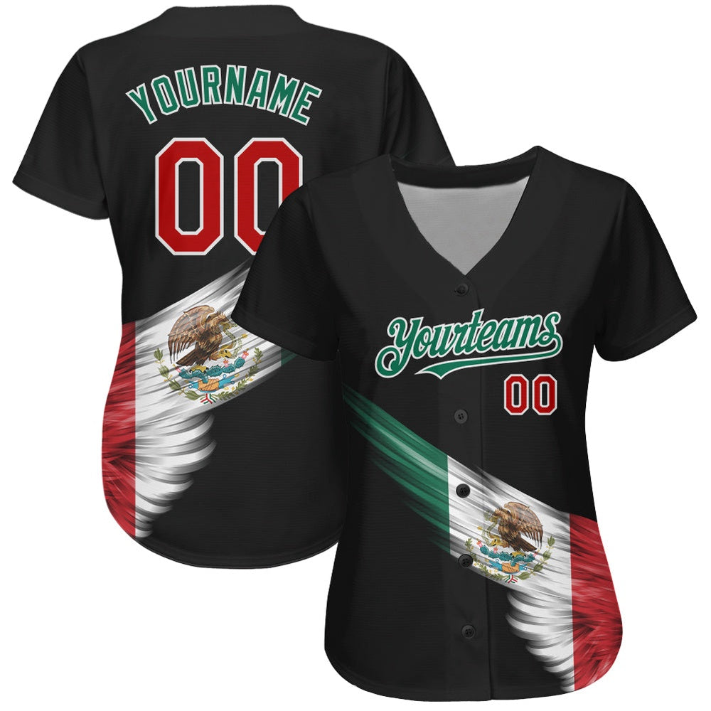 USA Baseball Jersey, Custom Black Red Kelly Green 3D The Abstract Wing With Mexican Flag Authentic Baseball Jersey, Team Jerseys Baseball