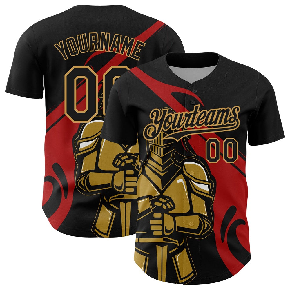 USA Baseball Jersey, Custom Black Red Old Gold 3D Pattern Design Knight Hero Art Authentic Baseball Jersey, Team Jerseys Baseball