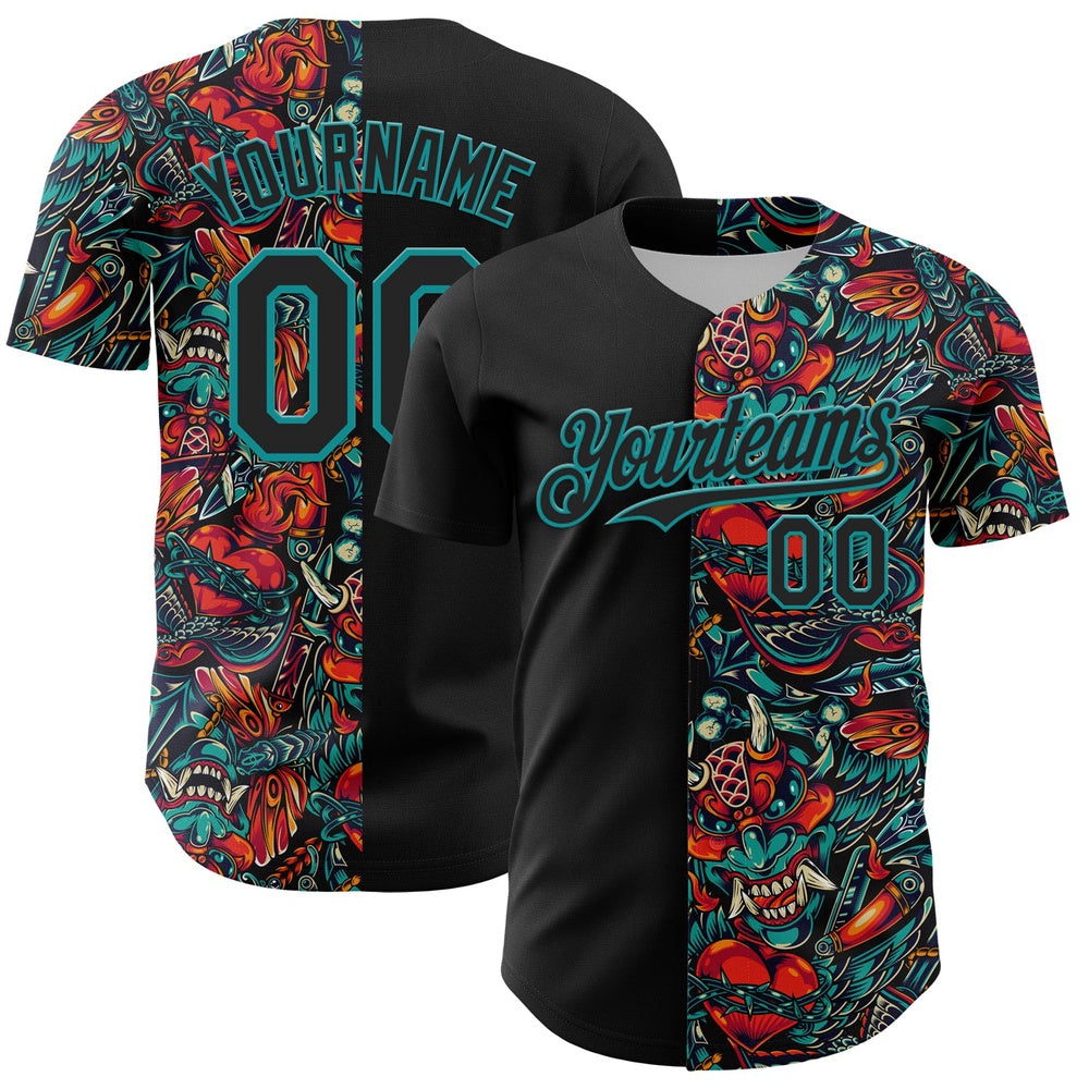 USA Baseball Jersey, Custom Black Teal 3D Pattern Design Vintage Tattoos Authentic Baseball Jersey, Team Jerseys Baseball