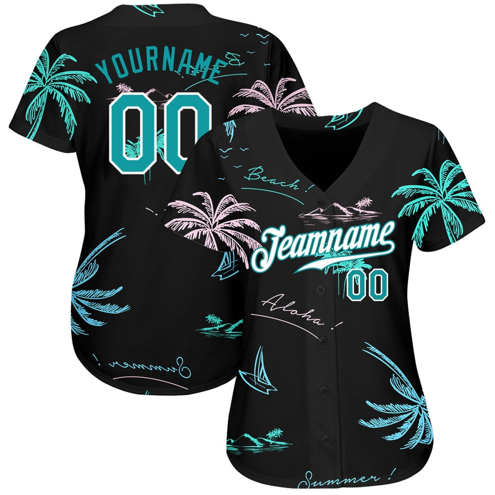 USA Baseball Jersey, Custom Black Teal White 3D Pattern Design Hawaii Palm Trees Authentic Baseball Jersey, Team Jerseys Baseball