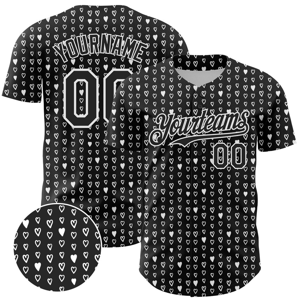 USA Baseball Jersey, Custom Black White 3D Pattern Design Hearts Authentic Baseball Jersey, Team Jerseys Baseball