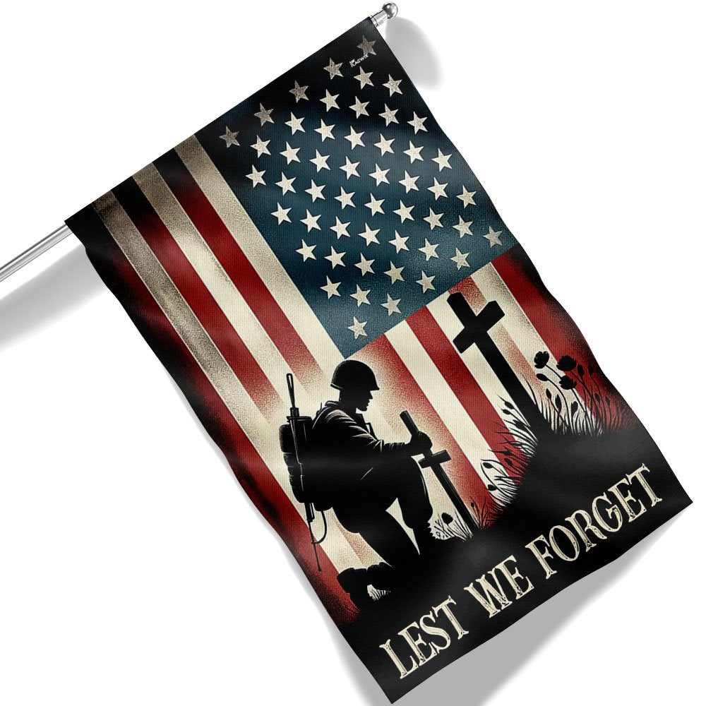 US Veteran Flag, Memorial Day Veteran Kneeling Soldier The Cross Lest We Forget Flag, Veteran Garden Flags