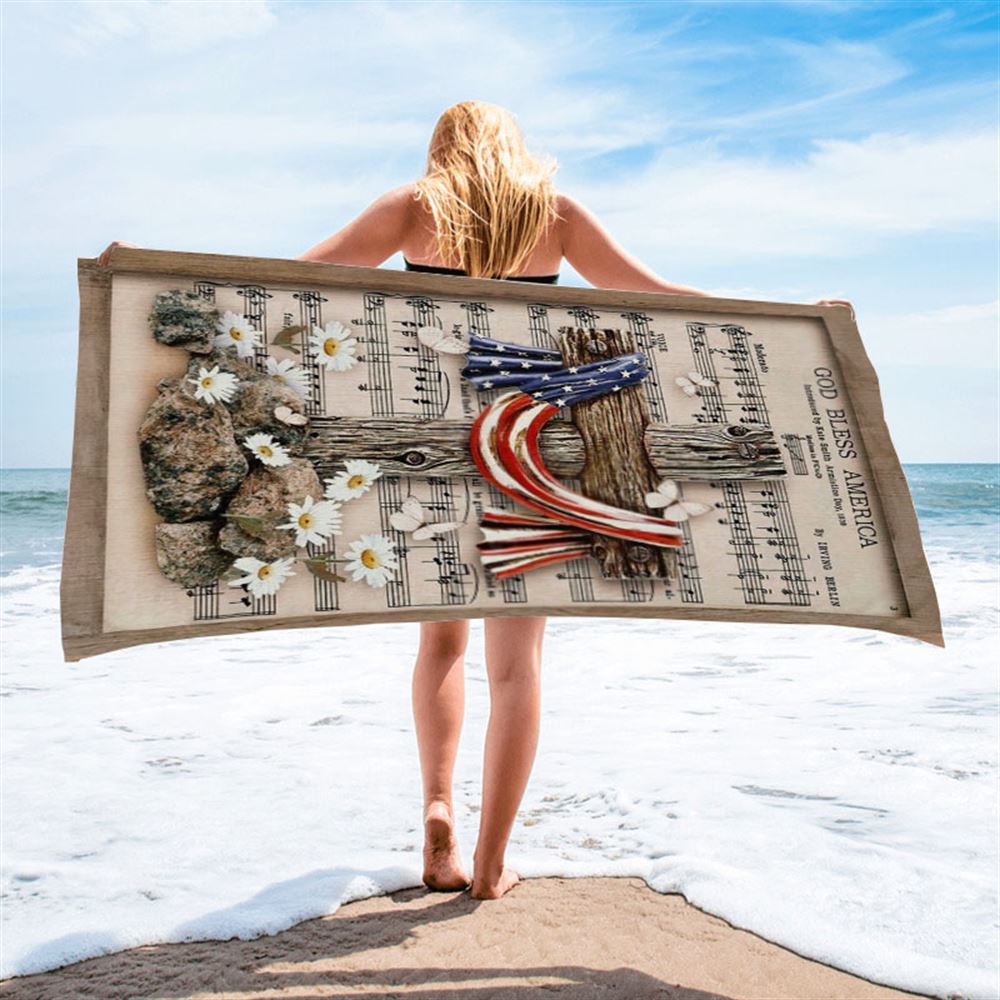 Unique Cross Vintage Music Sheet American Flag God Bless America Beach Towel, Christian Beach Towel, Christian Gift, Gift For Women