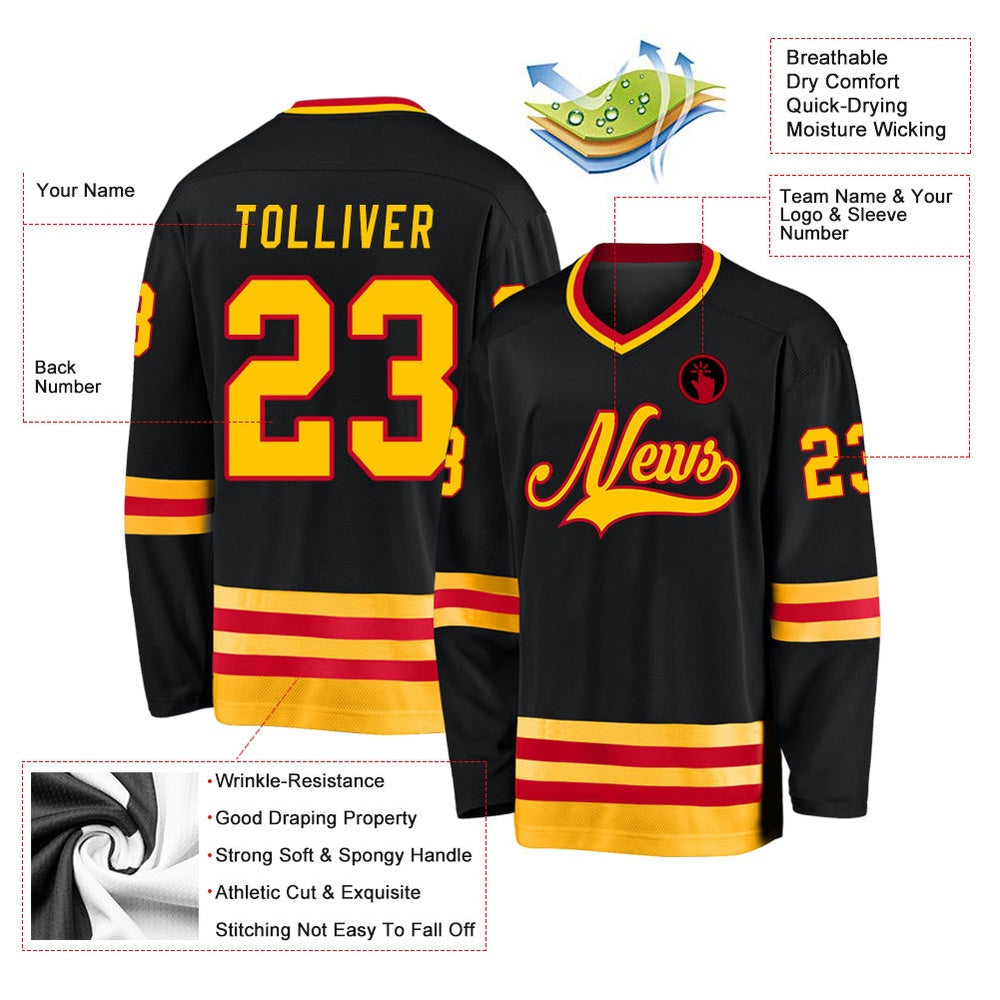 Usa Hockey Jersey, Custom Black Gold Red 1 Hockey Jersey, Team Hockey Jerseys