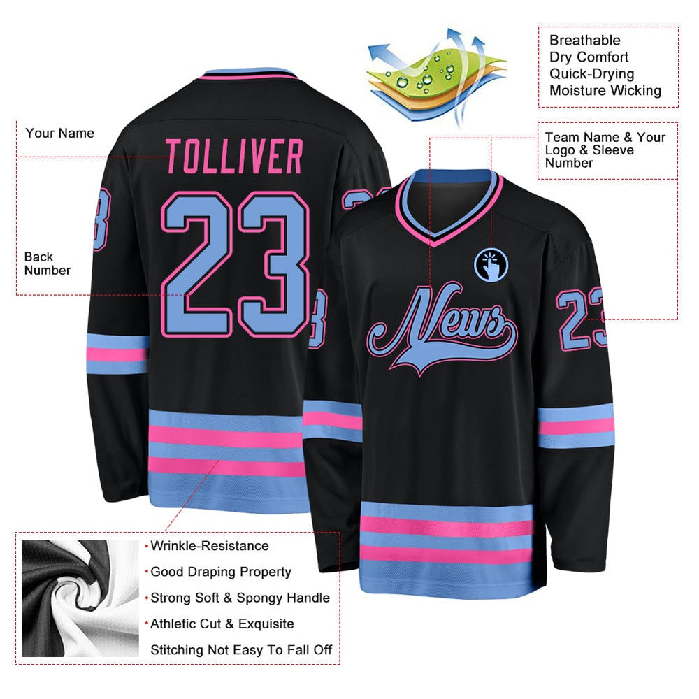 Usa Hockey Jersey, Custom Black Light Blue Pink Hockey Jersey, Team Hockey Jerseys