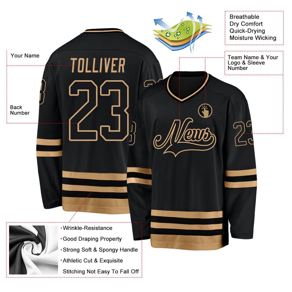 Usa Hockey Jersey, Custom Black Old Gold Hockey Jersey, Team Hockey Jerseys