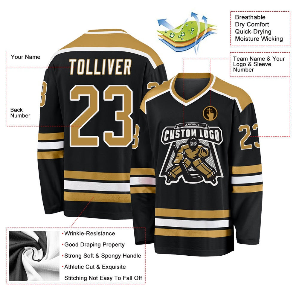 Usa Hockey Jersey, Custom Black Old Gold White Hockey Jersey, Team Hockey Jerseys