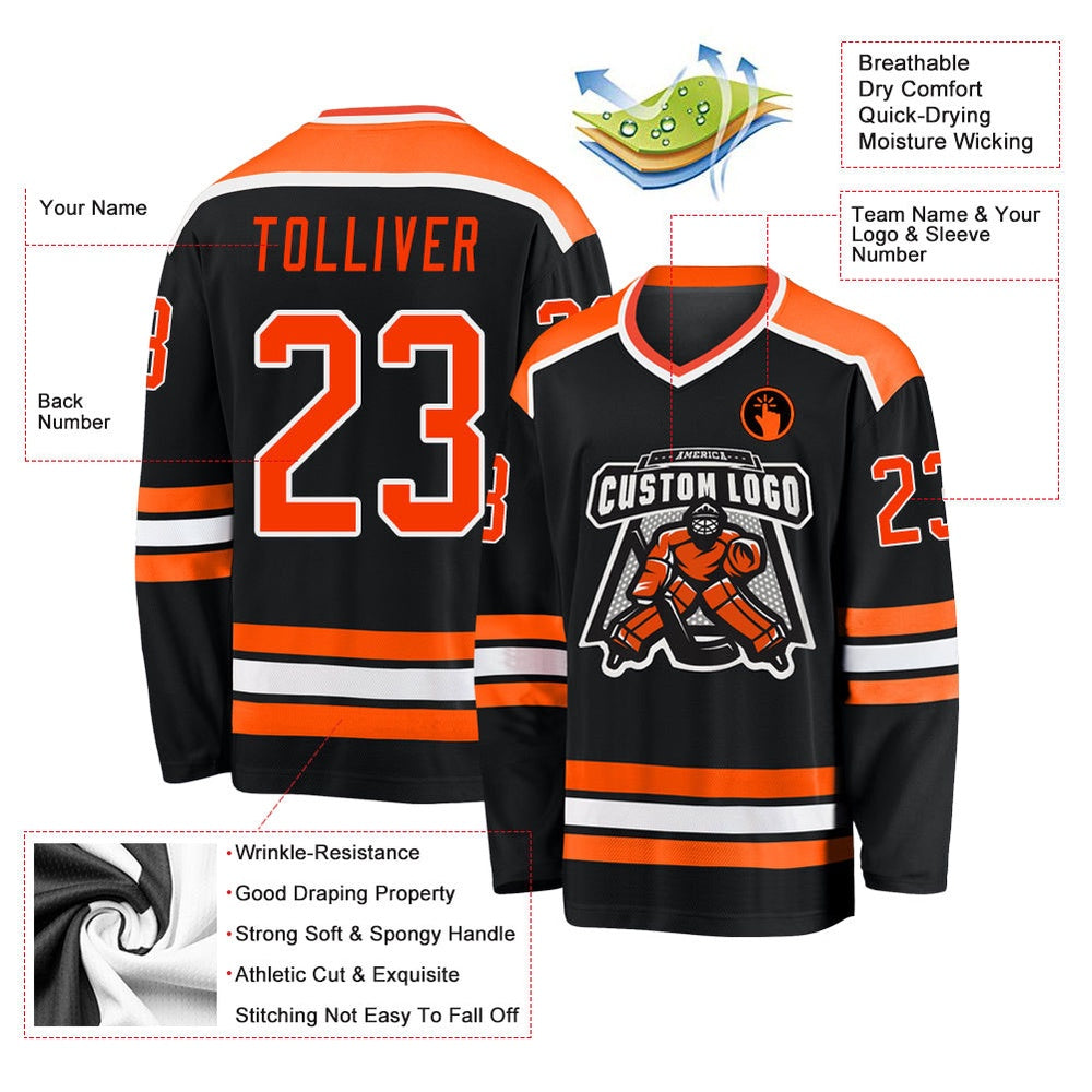 Usa Hockey Jersey, Custom Black Orange White Hockey Jersey, Team Hockey Jerseys