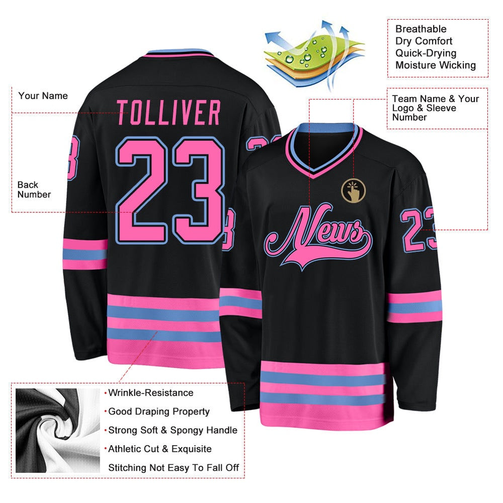 Usa Hockey Jersey, Custom Black Pink Light Blue Hockey Jersey, Team Hockey Jerseys