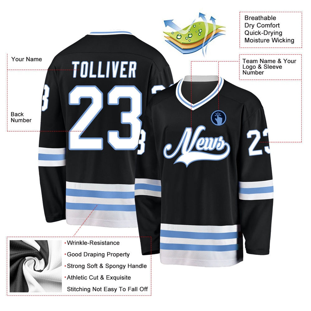 Usa Hockey Jersey, Custom Black White Light Blue Hockey Jersey, Team Hockey Jerseys