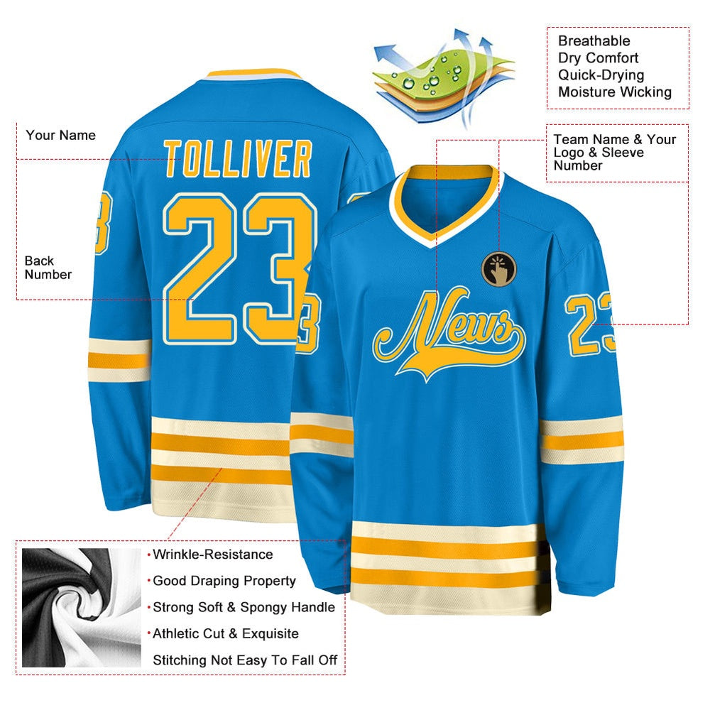 Usa Hockey Jersey, Custom Blue Gold Cream Hockey Jersey, Team Hockey Jerseys