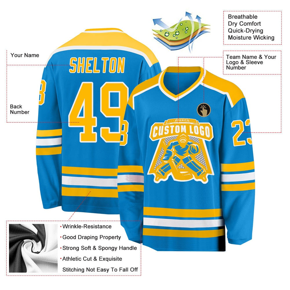 Usa Hockey Jersey, Custom Blue Gold White Hockey Jersey, Team Hockey Jerseys