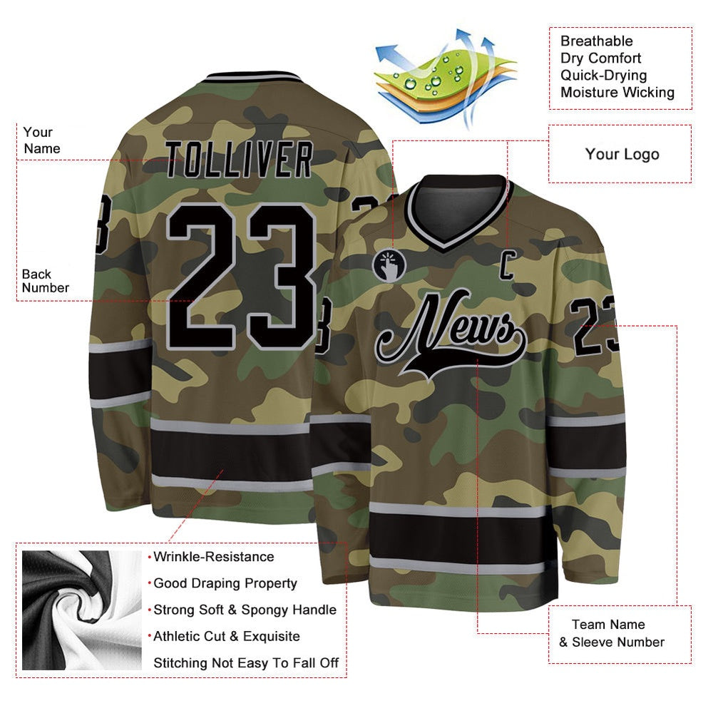 Usa Hockey Jersey, Custom Camo Black Gray Salute To Service Hockey Jersey, Team Hockey Jerseys