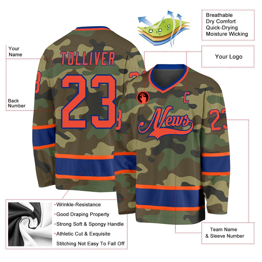 Usa Hockey Jersey, Custom Camo Orange Royal Salute To Service Hockey Jersey, Team Hockey Jerseys