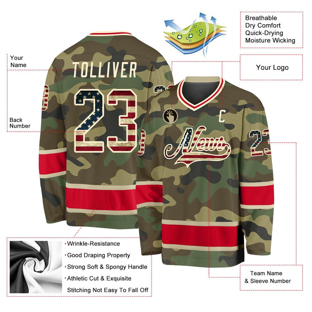 Usa Hockey Jersey, Custom Camo Vintage USA Flag Red Salute To Service Hockey Jersey, Team Hockey Jerseys