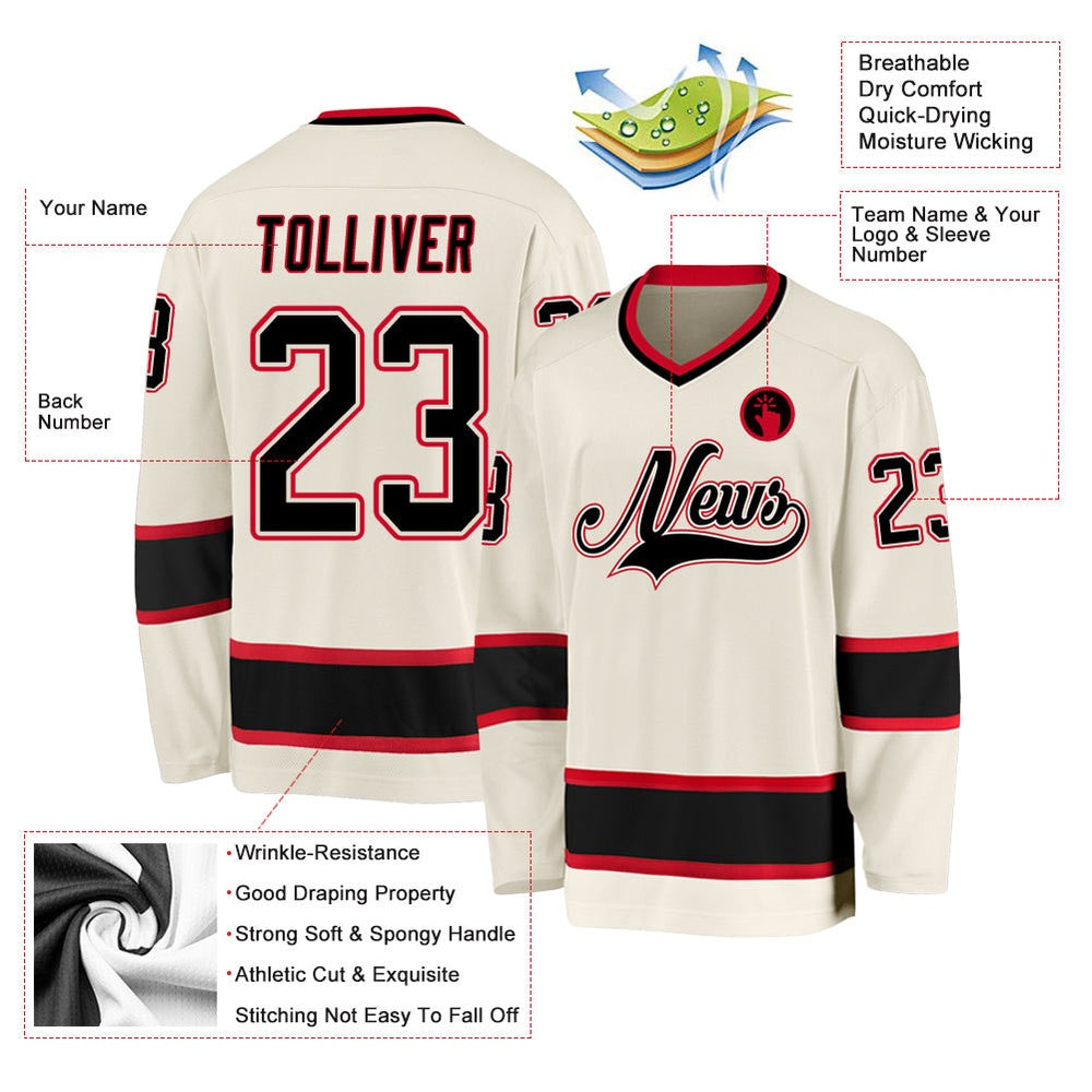 Usa Hockey Jersey, Custom Cream Black Red Hockey Jersey, Team Hockey Jerseys