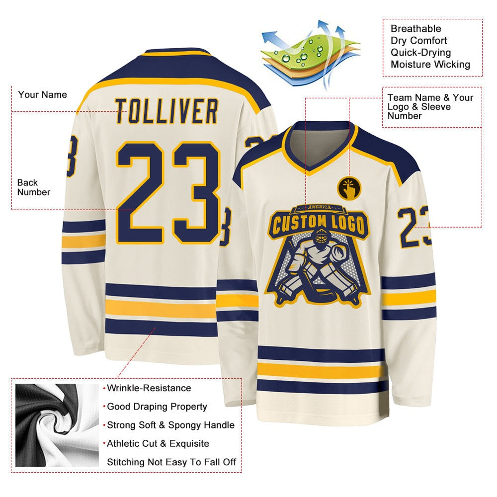 Usa Hockey Jersey, Custom Cream Navy Gold Hockey Jersey, Team Hockey Jerseys