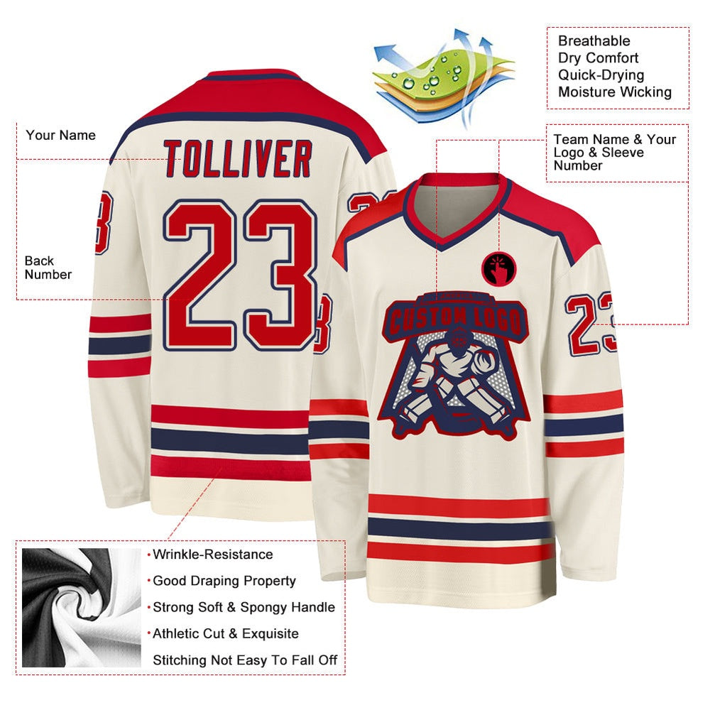 Usa Hockey Jersey, Custom Cream Red Navy Hockey Jersey, Team Hockey Jerseys
