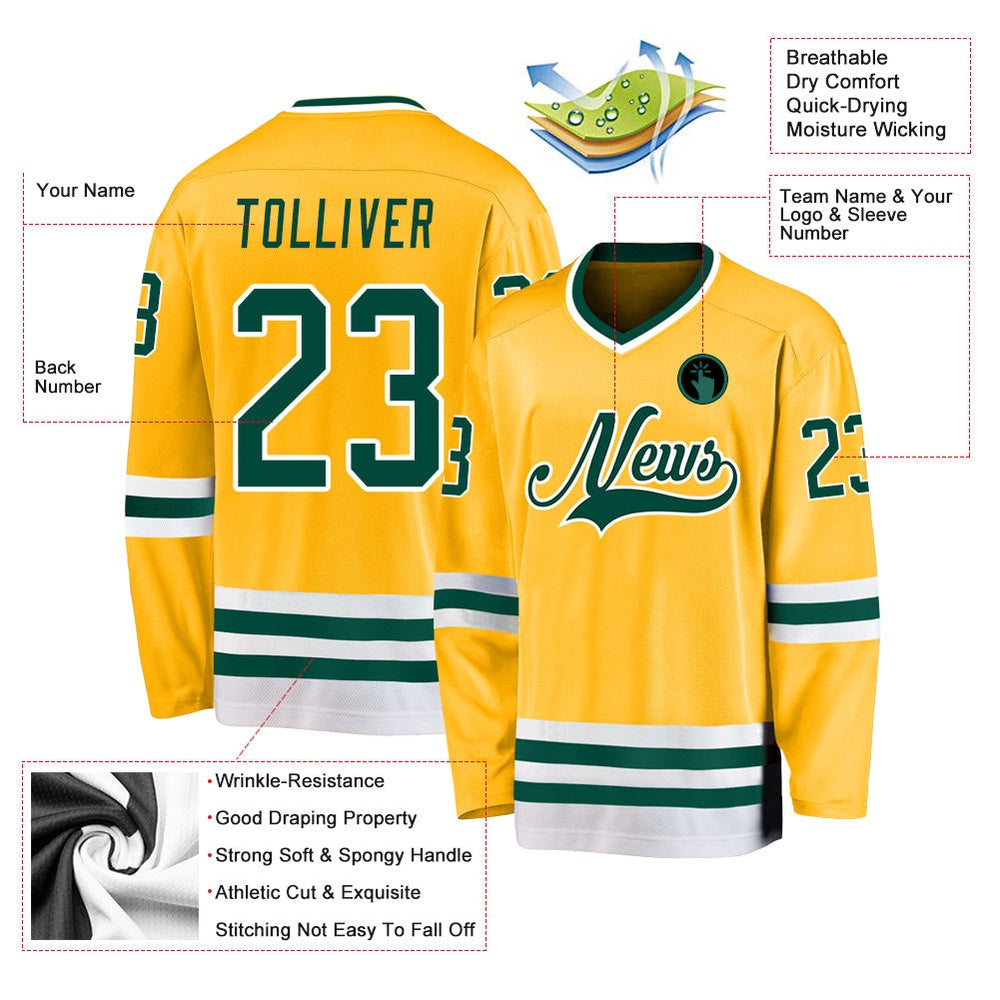 Usa Hockey Jersey, Custom Gold Green White Hockey Jersey, Team Hockey Jerseys