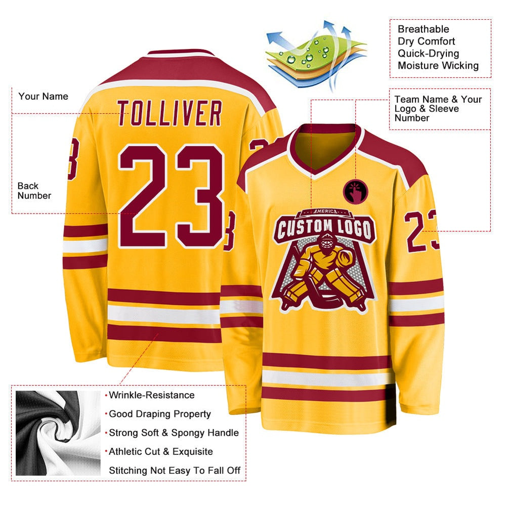 Usa Hockey Jersey, Custom Gold Maroon White Hockey Jersey, Team Hockey Jerseys