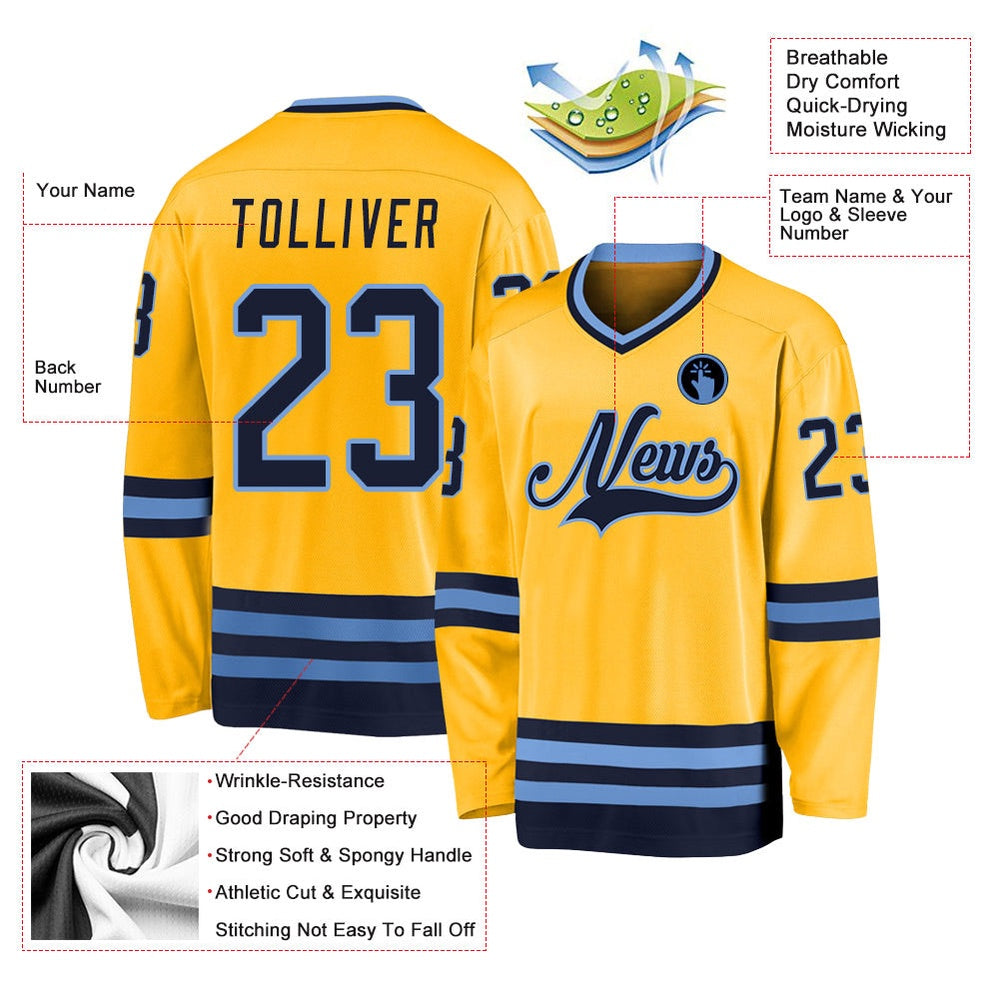 Usa Hockey Jersey, Custom Gold Navy Light Blue Hockey Jersey, Team Hockey Jerseys