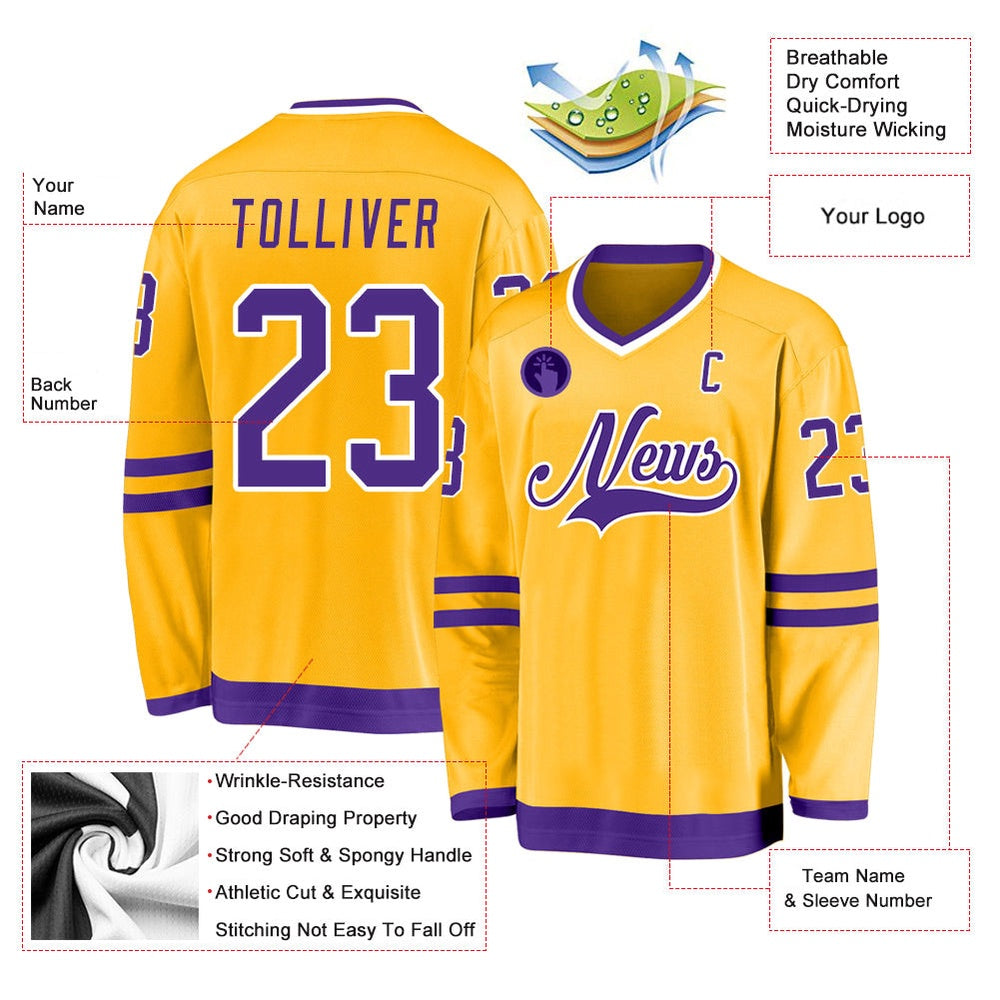 Usa Hockey Jersey, Custom Gold Purple White Hockey Jersey, Team Hockey Jerseys