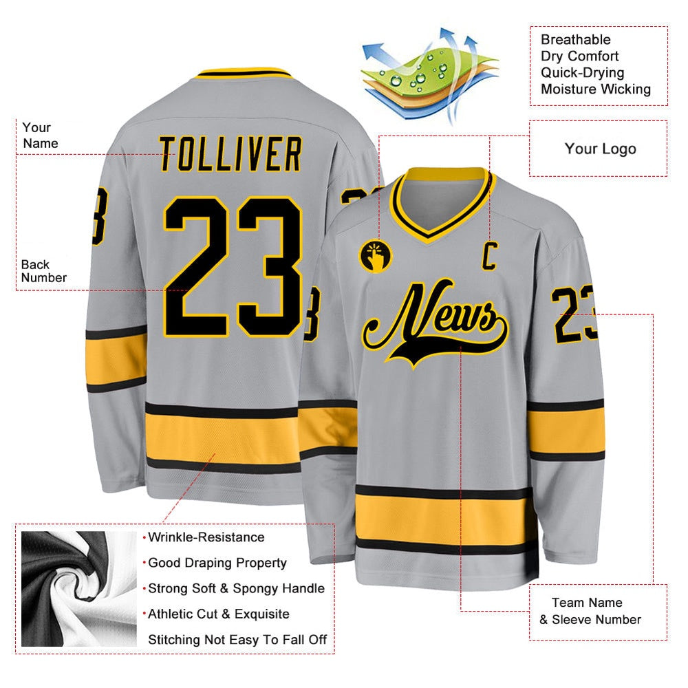 Usa Hockey Jersey, Custom Gray Black Gold Hockey Jersey, Team Hockey Jerseys