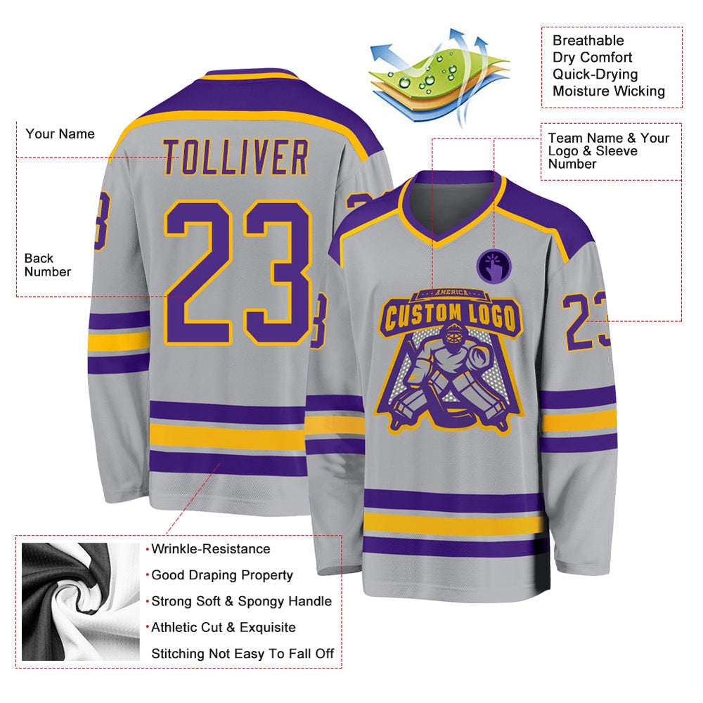 Usa Hockey Jersey, Custom Gray Purple Gold Hockey Jersey, Team Hockey Jerseys
