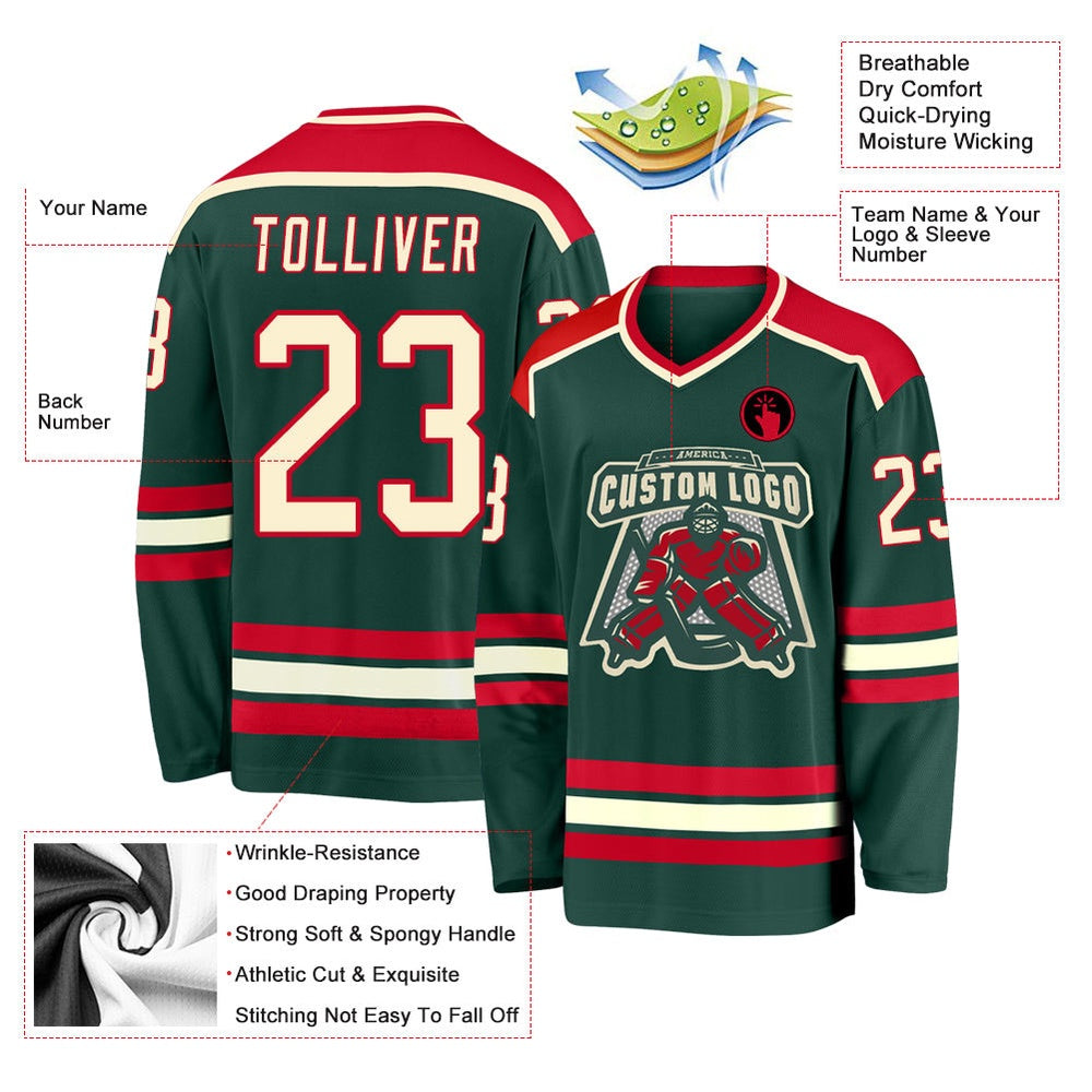 Usa Hockey Jersey, Custom Green Cream Red Hockey Jersey, Team Hockey Jerseys