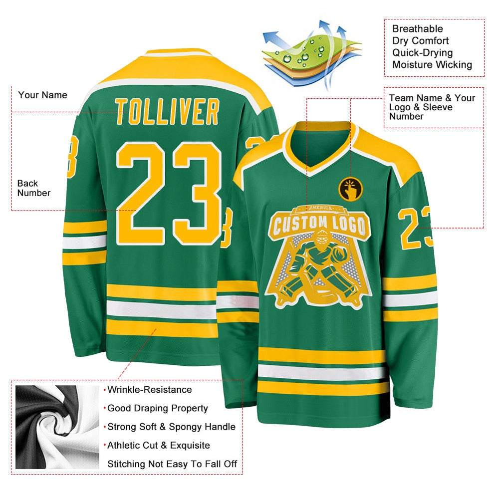 Usa Hockey Jersey, Custom Kelly Green Gold White Hockey Jersey, Team Hockey Jerseys