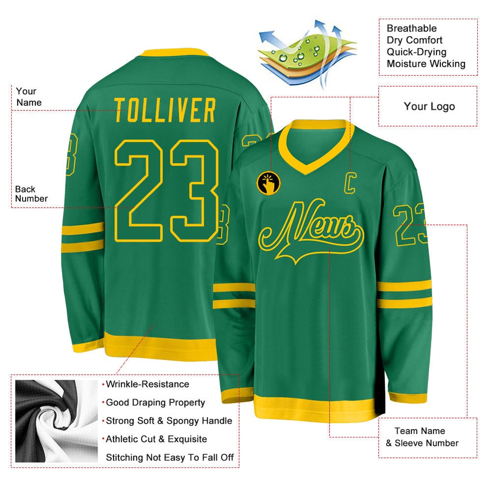 Usa Hockey Jersey, Custom Kelly Green Kelly Green Gold Hockey Jersey, Team Hockey Jerseys