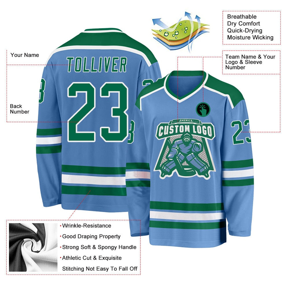 Usa Hockey Jersey, Custom Light Blue Kelly Green White Hockey Jersey, Team Hockey Jerseys