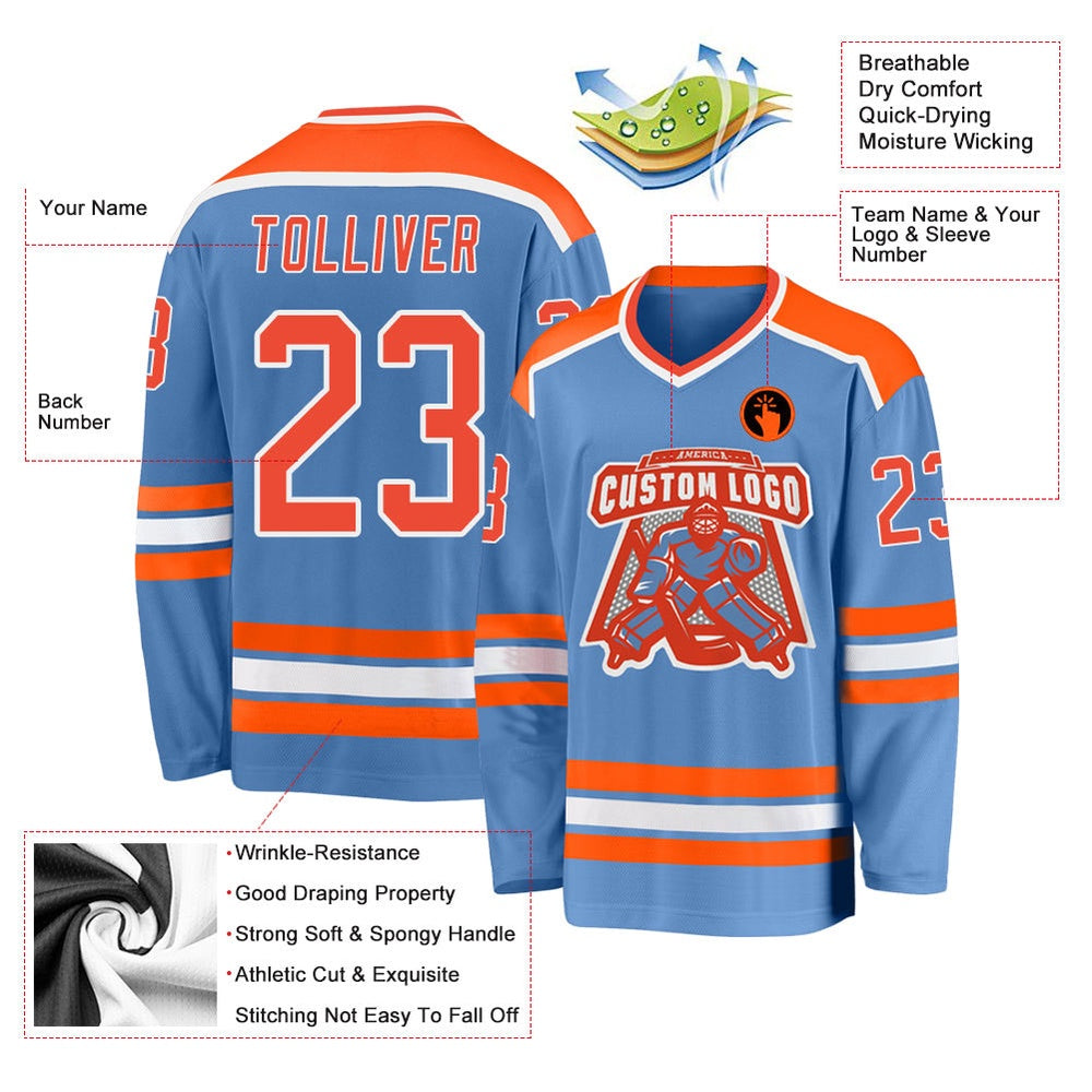 Usa Hockey Jersey, Custom Light Blue Orange White Hockey Jersey, Team Hockey Jerseys